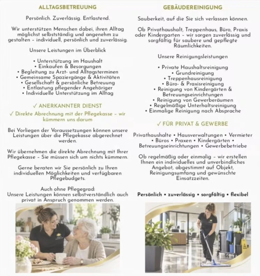 Flyer Innenseite: Leistungen Alltagsbetreuung und Gebäudereinigung